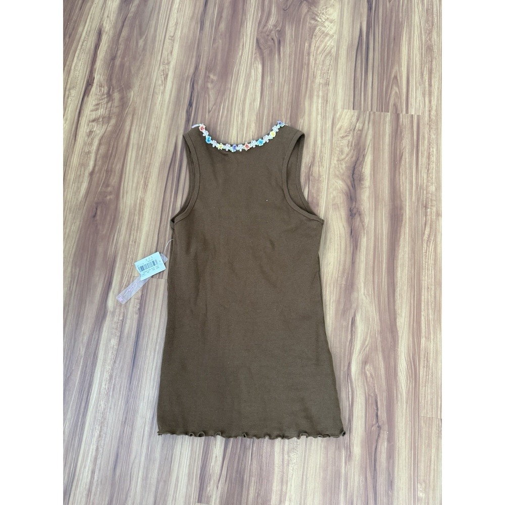 Celle Brown Ribbed Halter Tank Babydoll Floral Trim Detail NWT Medium Fairycore - Picture 9 of 9
